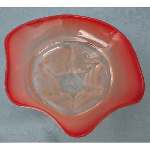 Vintage Sand Art Glass Trinket Bowl Dish Orange Red Ombre Footed Ruffled SIGNED - Picture 2 of 11